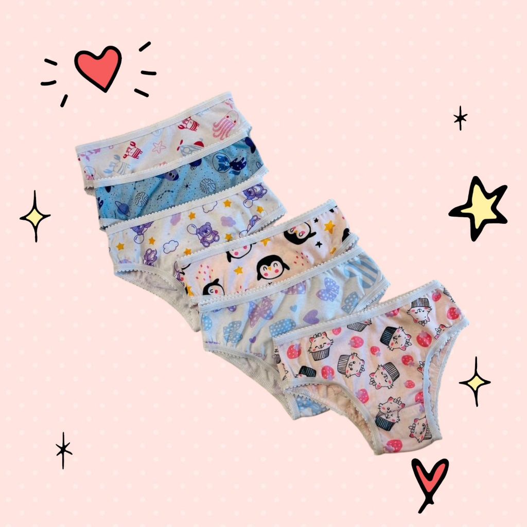 Kit 6 Calcinhas Infantis 100% Algodão Confortável para Meninas Estampas Sortidas Para o Dia a Dia