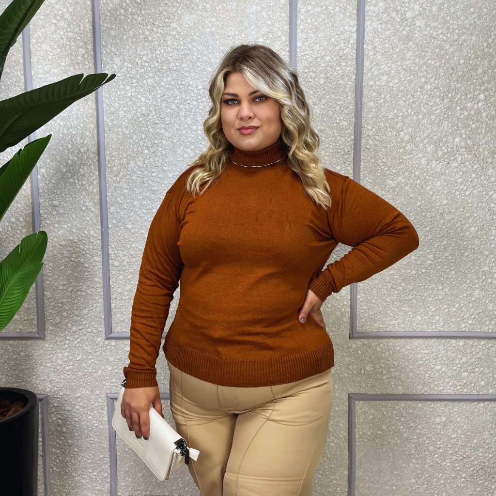 Blusa de Frio Feminina Tricô Gola Alta Plus Size Suéter Cacharrel Elastano Lisa