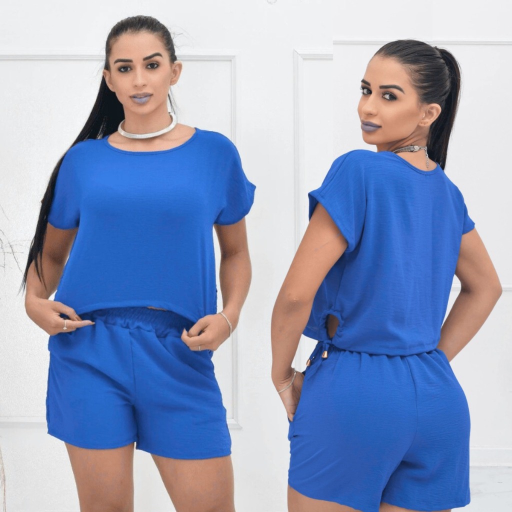 Conjunto Casual Feminino de Cropped e Short Manga Curta em Tecido Duna Detalhe de Cordão no Croped