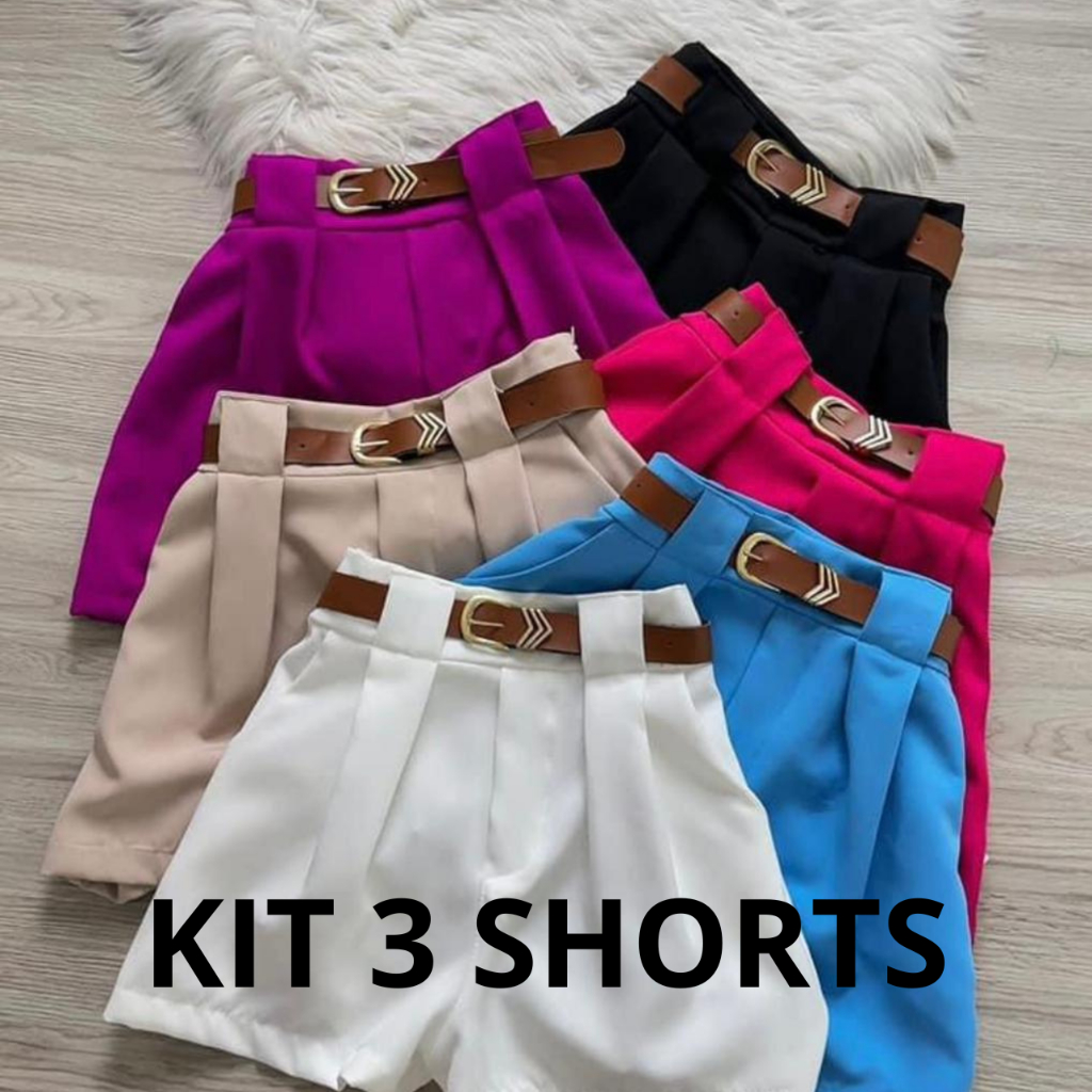 3 Shorts Tendencia Alfaiataria Com Cinto De Couro Modelo Social Short Kit