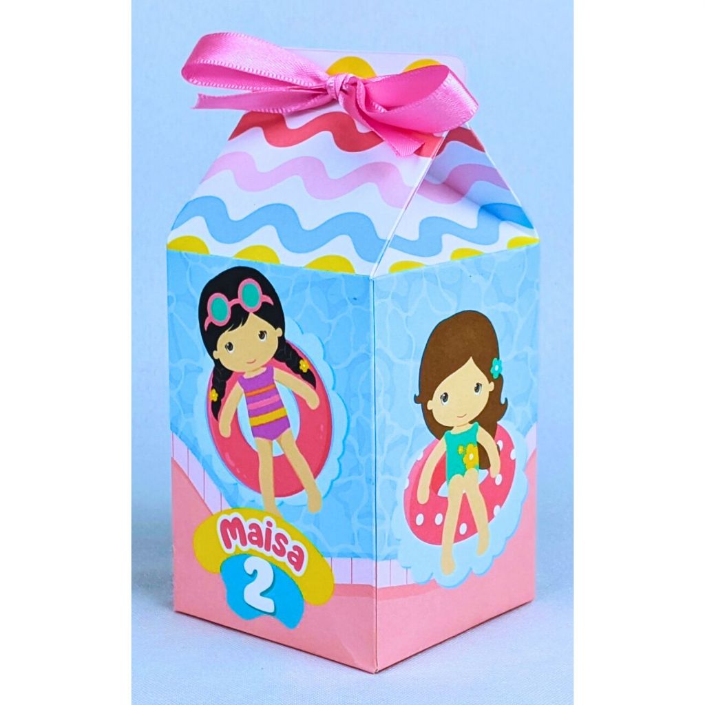 Kit 10 a 50 Caixinha Milk Pool Party Menina Personalizada Papel Offset 180g Com Lacinhos Para Presentear Convidado
