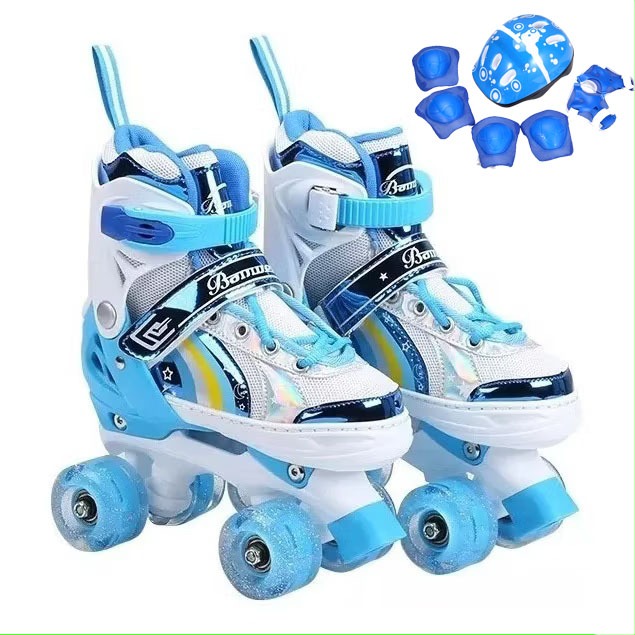Patins Infantil 4 Rodas Meninos Azul Arco-Iris Ajustável Com Led e Proteção Promoção 2025 Novo