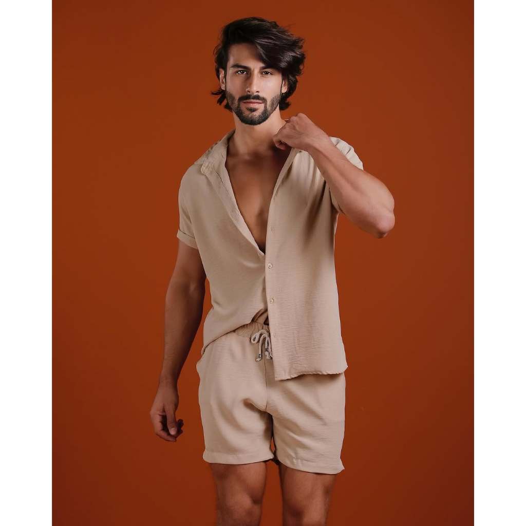 Camisa Masculina + Bermuda Dunas Moda Elegante Praiana Conjunto Tecido Fino