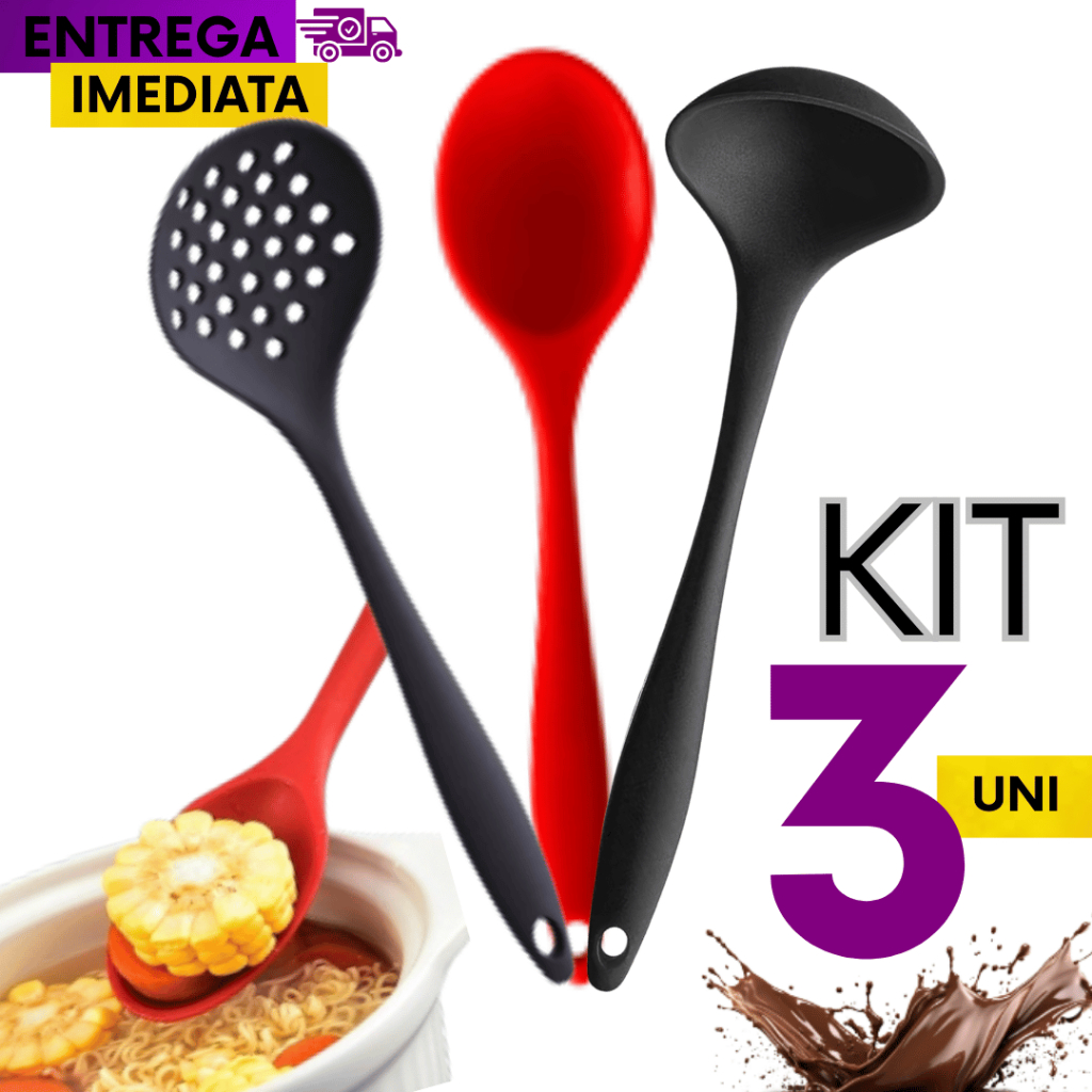 Kit 3 Concha Silicone Colher Silicone + Escumadeira Silicone Variáveis Utilidades Cozinha