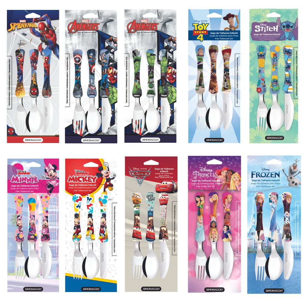 Talher Infantil Inox Garfo Colher Faca Mickey Disney Carros Princesas Minnie Frozen Toy Story