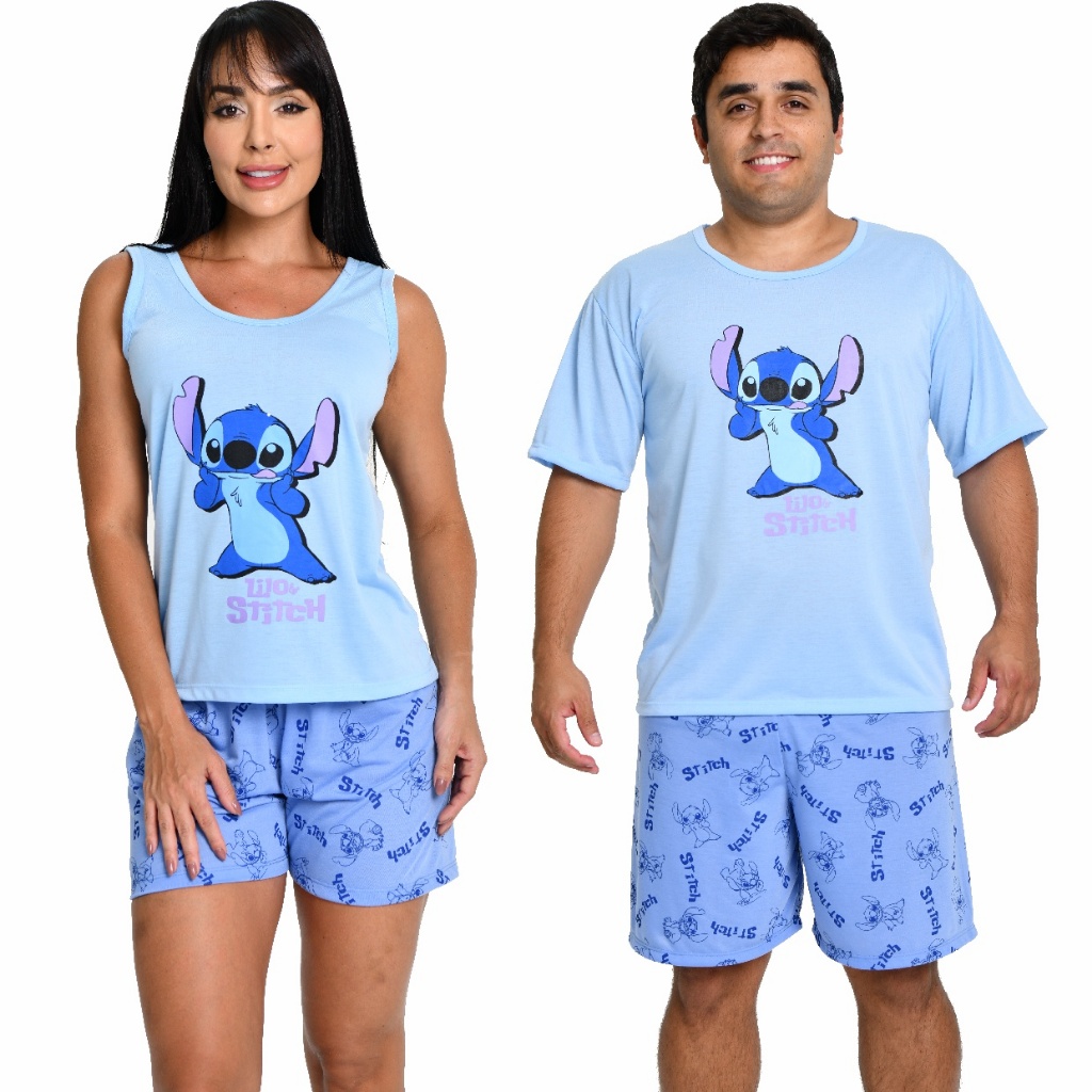 Kit Pijama Casal Personagens Lilo Stitch Short Doll Camiseta Combo