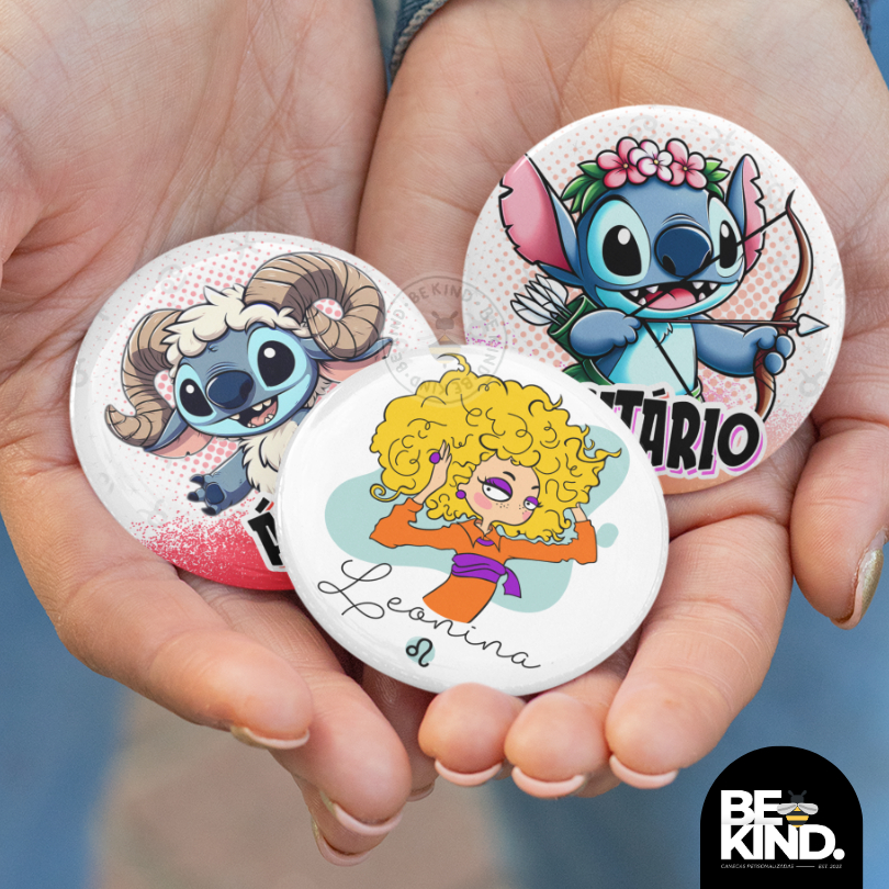 Bottons/Broches 4,5cm Personalizados SIGNOS Ilustração e Stitch - Várias Estampas | be kind.