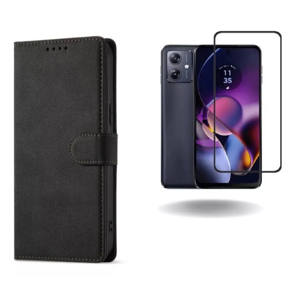 Capa Carteira Flip + Película 3D Para Motorola Moto G55