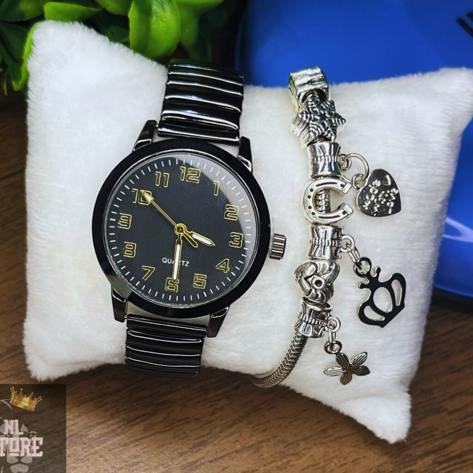 Relógio Feminino Redondo Kit Analógico Com Pulseira Luxo
