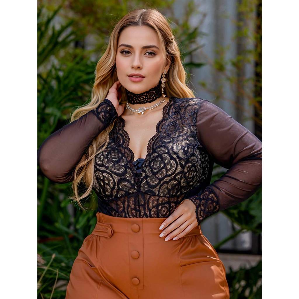 body bori manga longa plus size renda bojo decote luxo blusa elegante