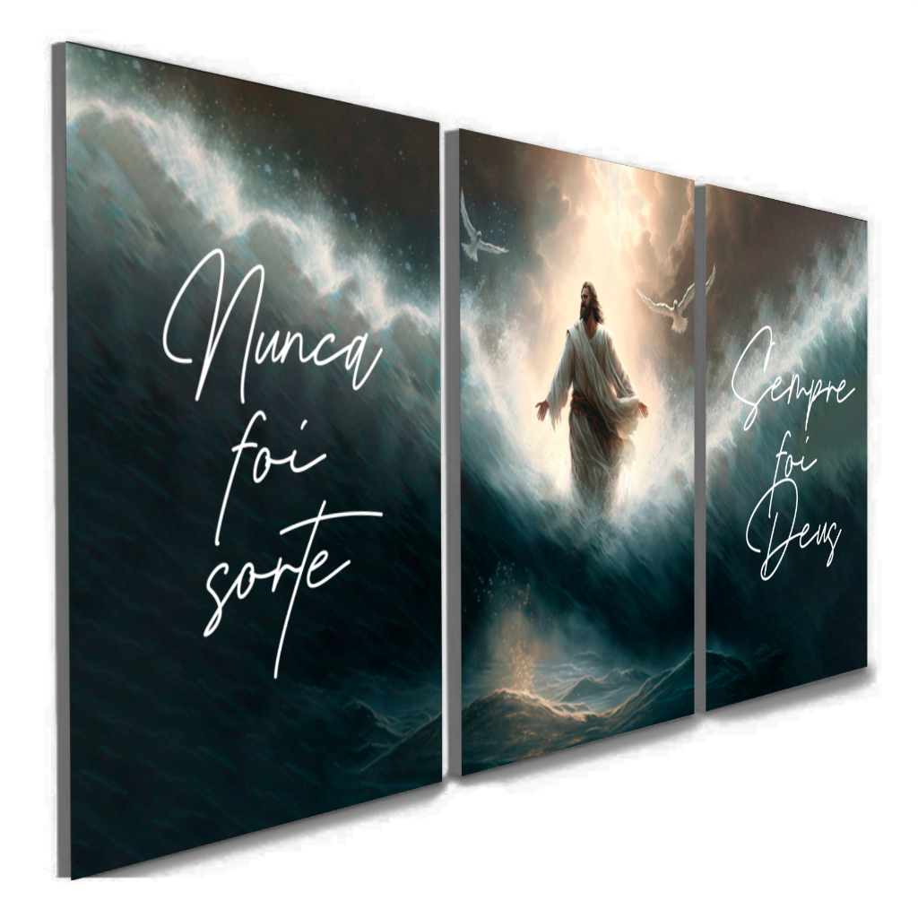 Quadro Decorativo Mosaico 3 Pçs Nunca foi Sorte Sempre foi Deus Jesus Cristo Religioso Decoração Sala Quarto Escritório