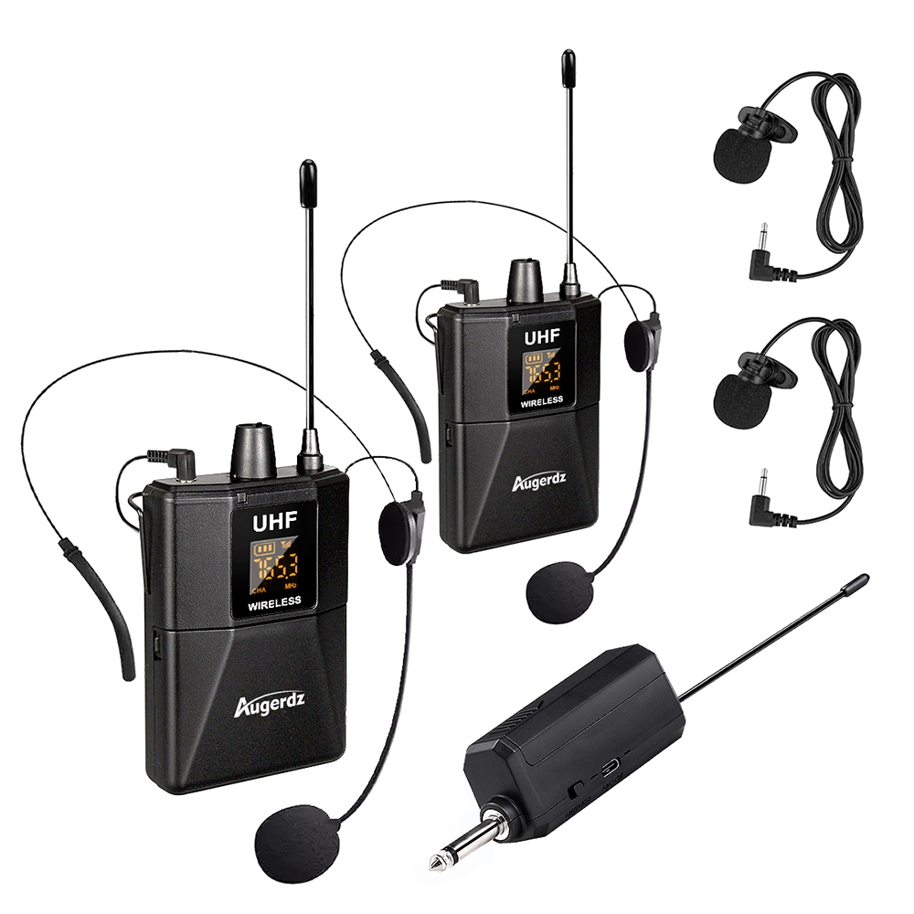 Kit Microfone Sem Fio UHF Auricular Cabeça Headset Lapela Augerdz
