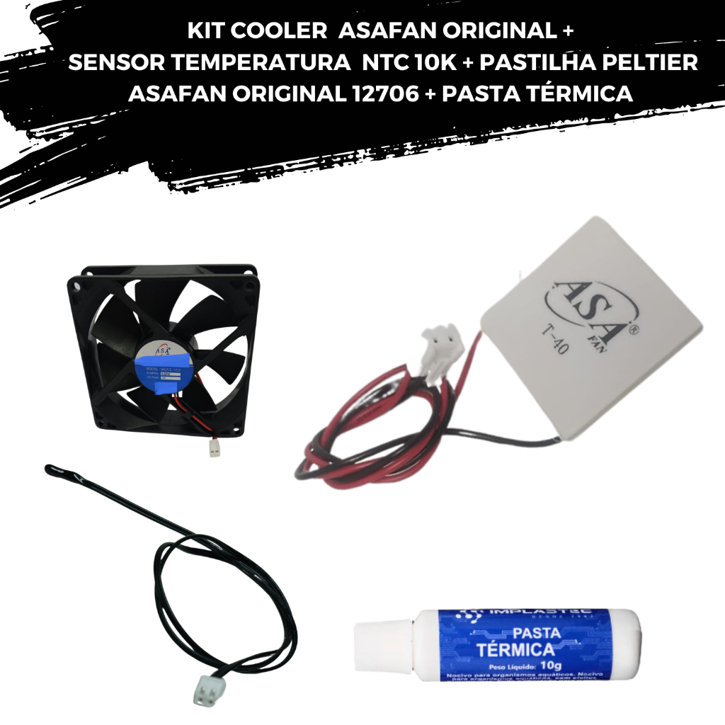Pastilha Peltier ASAFAN 12706 com Plug Placa  Sensor Temperatura  Cooler ASAFAN 90x90 + Pasta Termica Bebedouro Adega