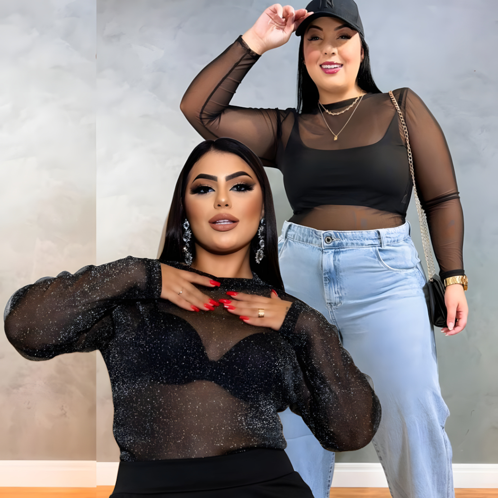 Kit 2 Body Plus Size Transparente De Tule Brilho Festa Balada