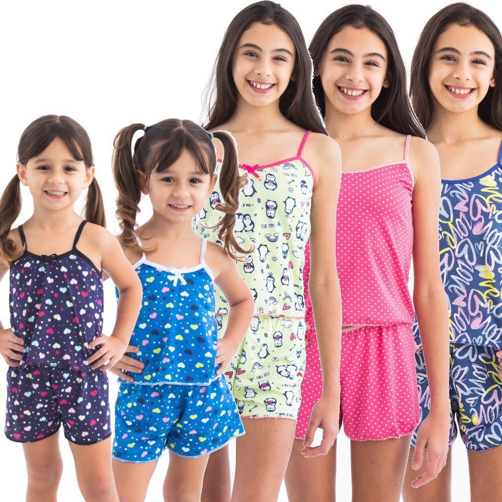 Kit 5 Pijama Infantil Conjunto Para Criança Baby Doll Short Doll Menina Feminino Estampas Variadas