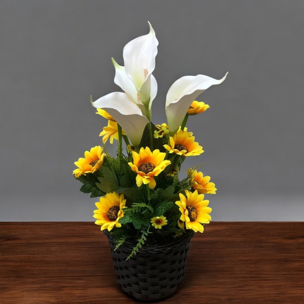 Arranjo Flores Artificiais Copo de Leite Branco Com Girassol Vaso Decoração Mesa