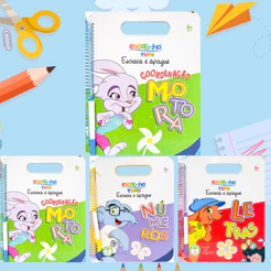 Coleção Alfabetização - Livro Caderno De Caligrafia Infantil Caneta Apagável - Espiral Maletinha + de 70 Atividades