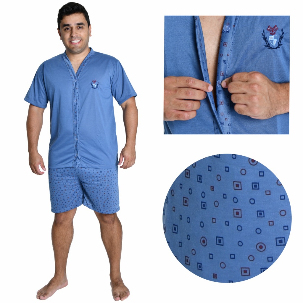 Pijama Masculino Aberto com Botões Manga Curta e Short Verão Estampado Americano