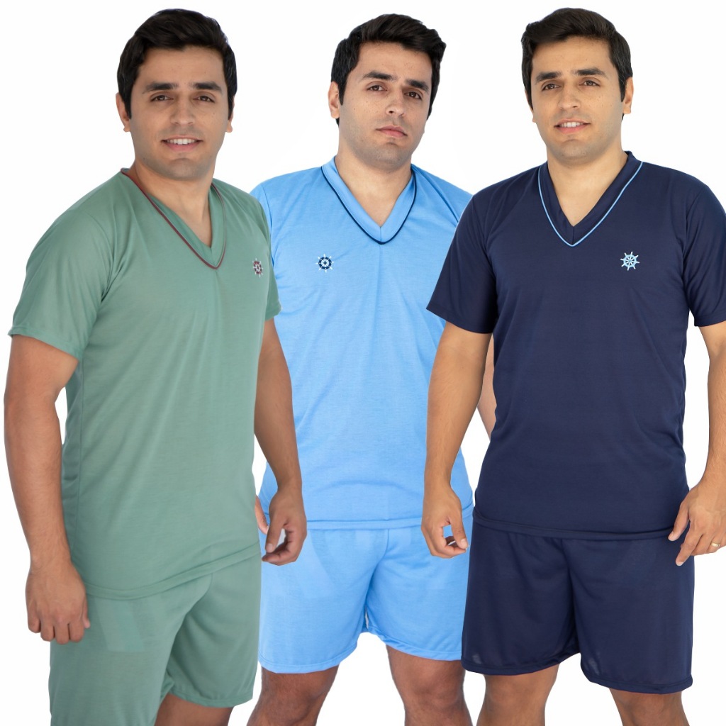 Kit 3 Pijamas Masculino Gola V Camisa Lisa Short Malha PV Premium