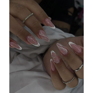 Unha postiça realista decorada branca com pedraria em Oferta na Shopee