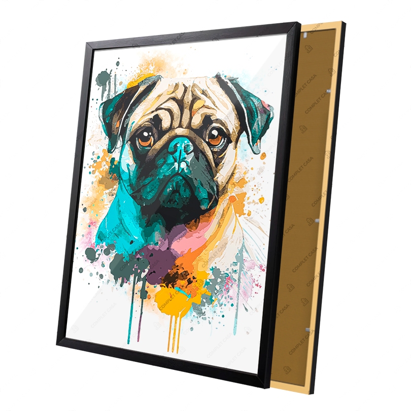 Quadro Pintura Aquarela Cachorro Raça Pug Moldura e Vidro