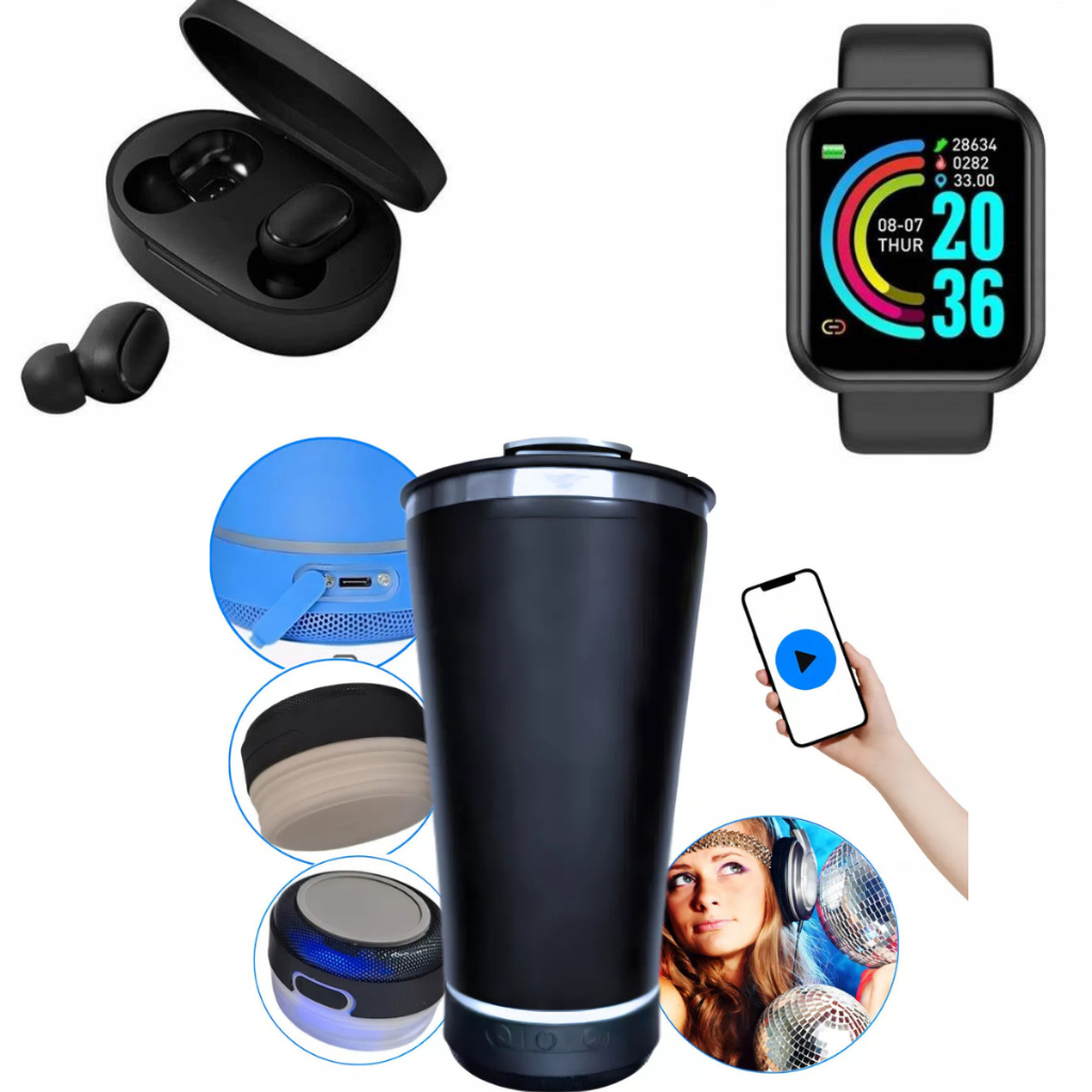 Copo Térmico com Caixa de Som + Fone de Ouvido Bluetooth + Smartwatch D20 Relogio Inteligente