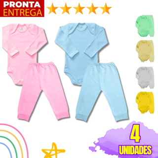 Kit 4 Peças Mijão Calça E Body Manga Longa Infantil Bebê Menino Menina em Oferta na Shopee