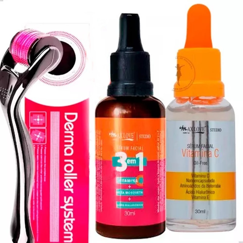 Derma Roller 0.5 - 1.0 - 1.5 Microagulhamento + Serum 3em1 + Vitamina C Rosto Tratamento Anti Acne