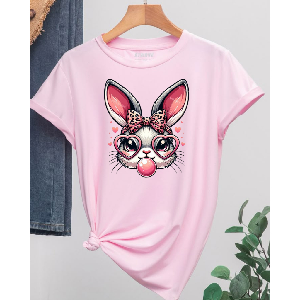 Camiseta Feminina Coelha Estilosa Moda Casual Divertida Algodão