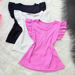 blusa infantil menina manga babado infantil juvenil Ribana canelado MODA VERAO