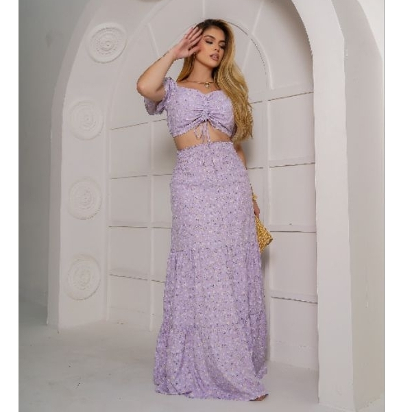 CONJUNTO FEMININO CROPED E SAIA LONGA COM LASTEX
