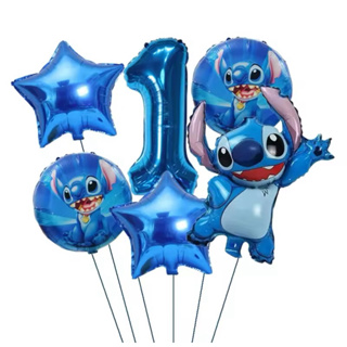 Kit 6 Balões Metalizados Stitch Azul + Balão Redondo + Estrela + Número em Oferta na Shopee
