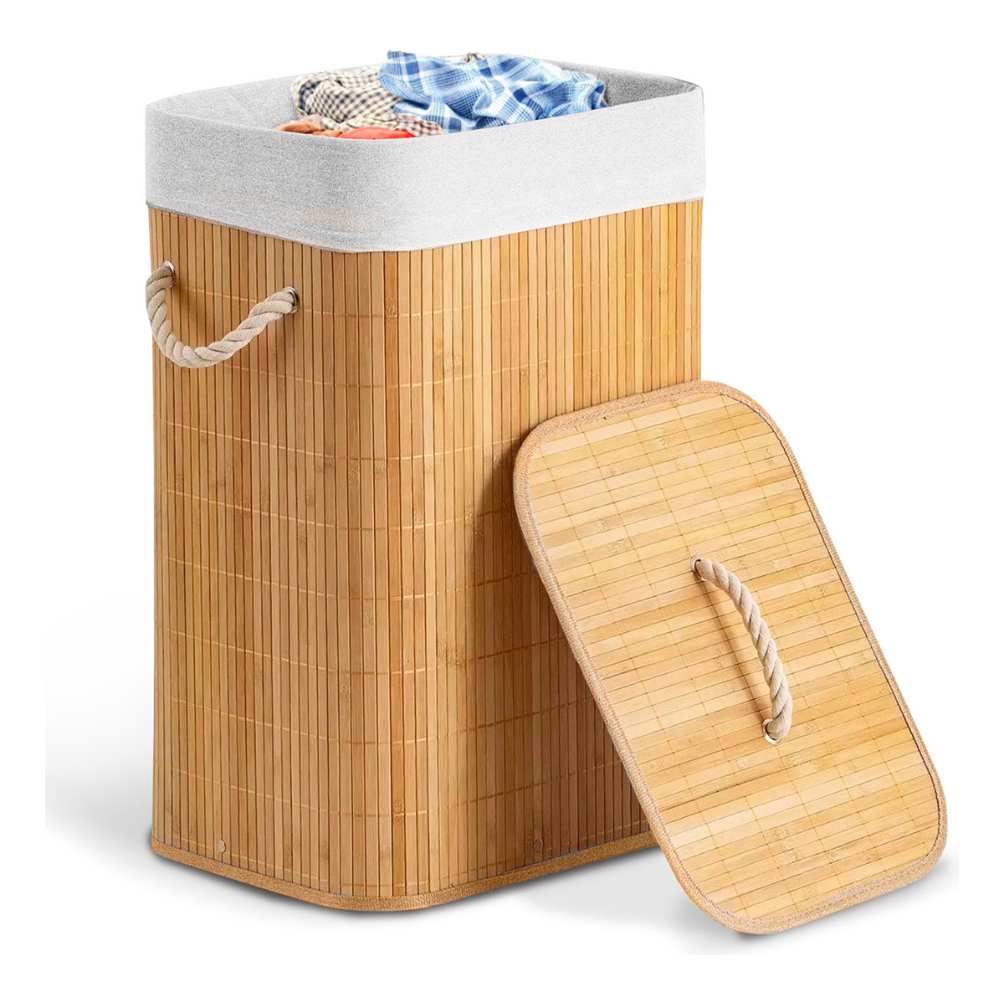 Cesto de Bambu Roupa Suja em Bambu Natural com Tampa 60L Alças de Corda Forro Removível
