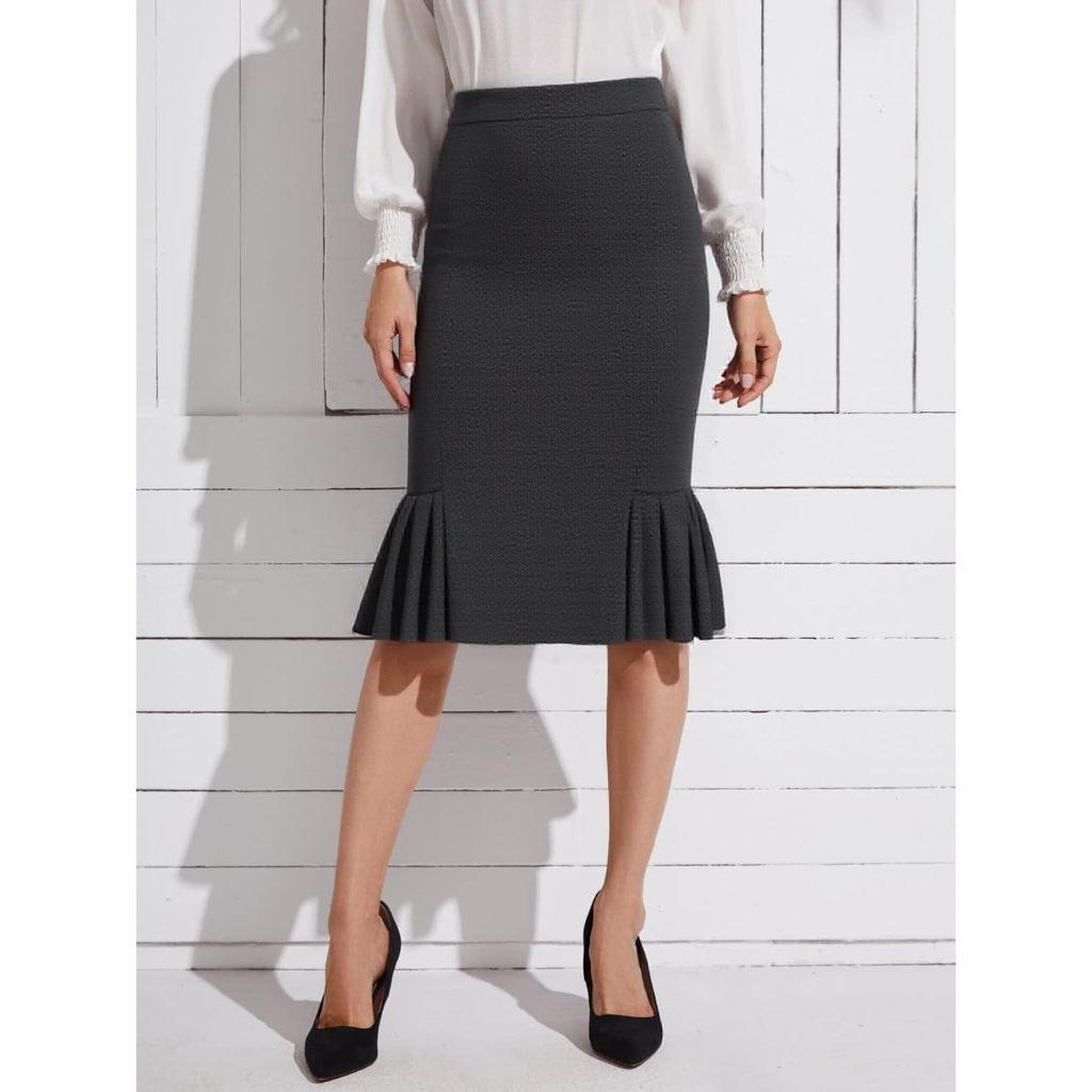 【Premium】Saia Midi Bodycon Barra Sereia Plissada BR028 em Oferta na Shopee