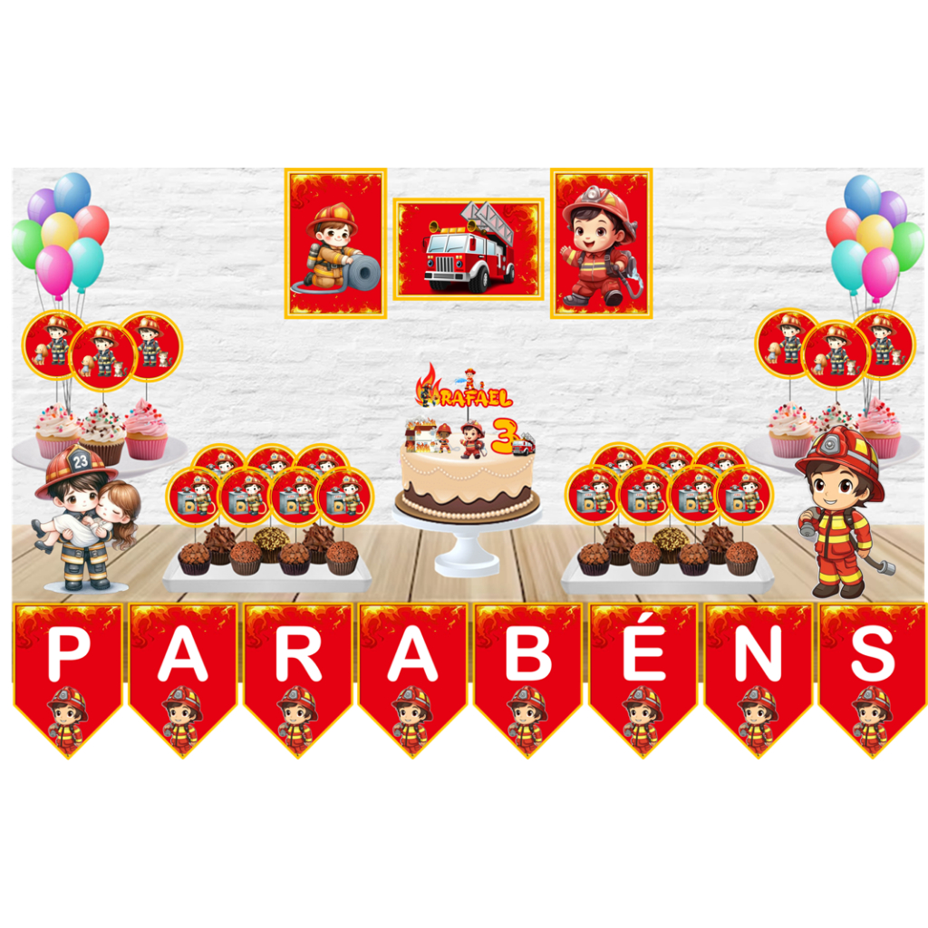 KIT FESTA SÓ UM BOLINHO TEMA BOMBEIRO - ANIVERSÁRIO, KIT DECORAÇÃO, PAPEL DE PAREDE, KIT ENFEITES, ENFEITES DE MESA em Oferta na Shopee