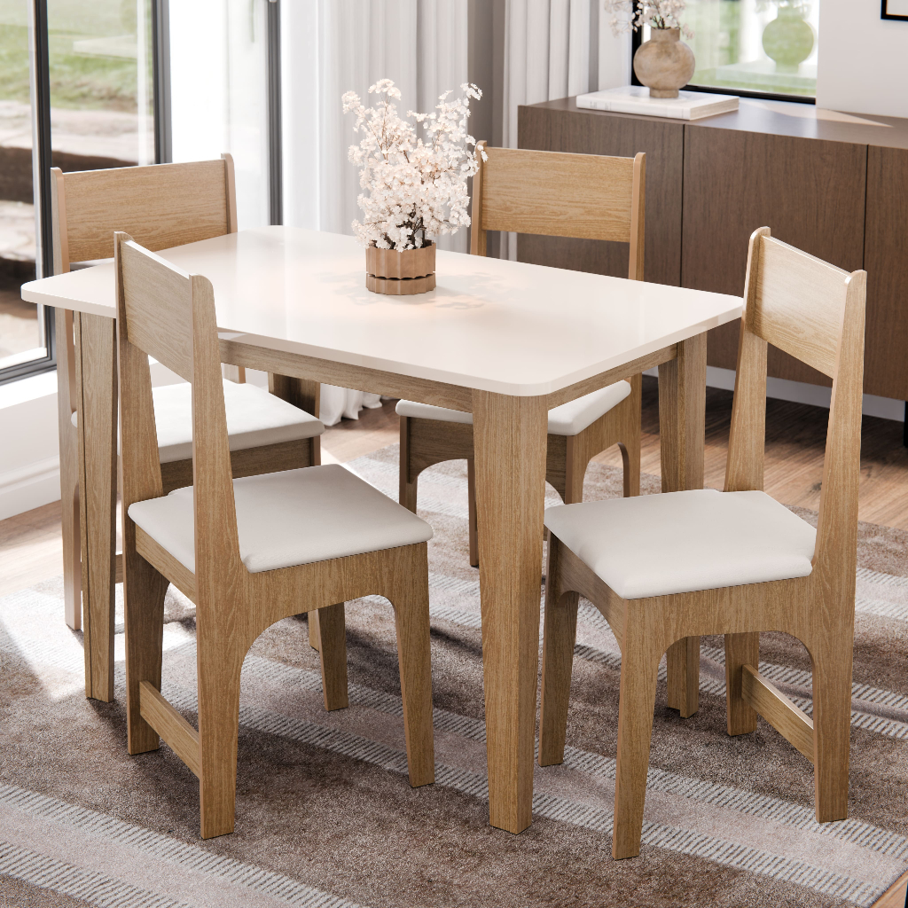 Conjunto Sala de Jantar Nicole Mesa Tampo Madeira 4 Cadeiras - Mel Off