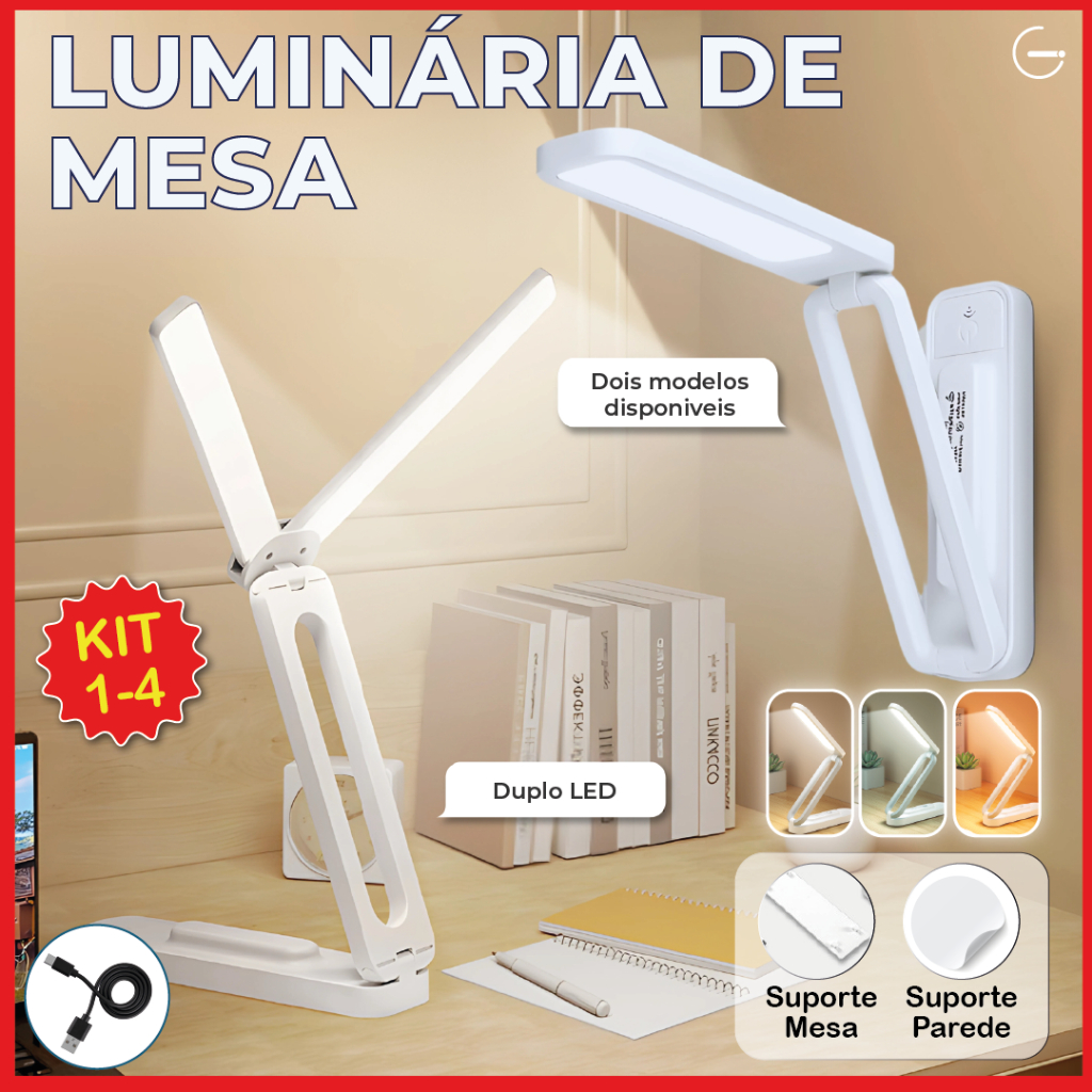 Luminária de Mesa Abajur Led Dobrável 3 Tons de luz suporte articulado USB Bivolt 2 Modelos em Oferta na Shopee