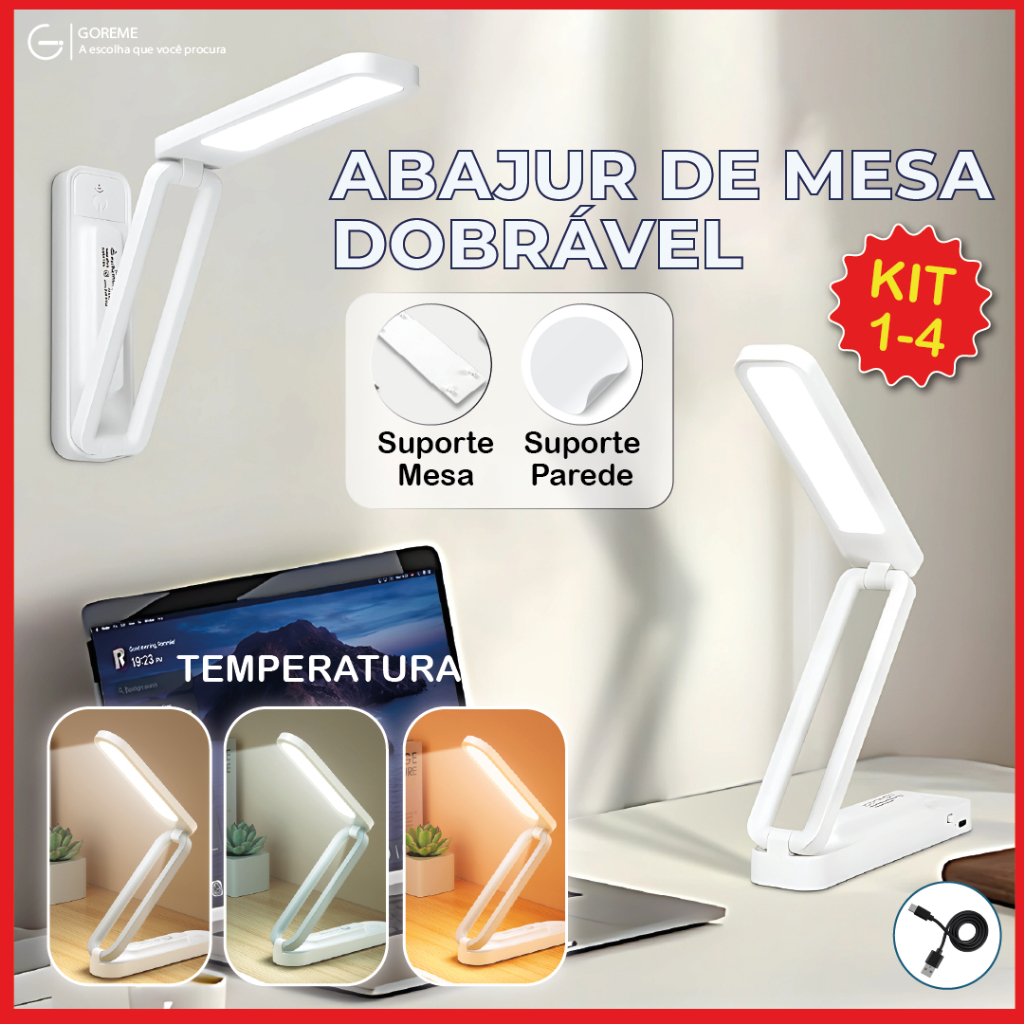 Luminária de Mesa Abajur Led Dobrável Recarregável USB Com 3 Tons de Luz Portátil Bivolt em Oferta na Shopee