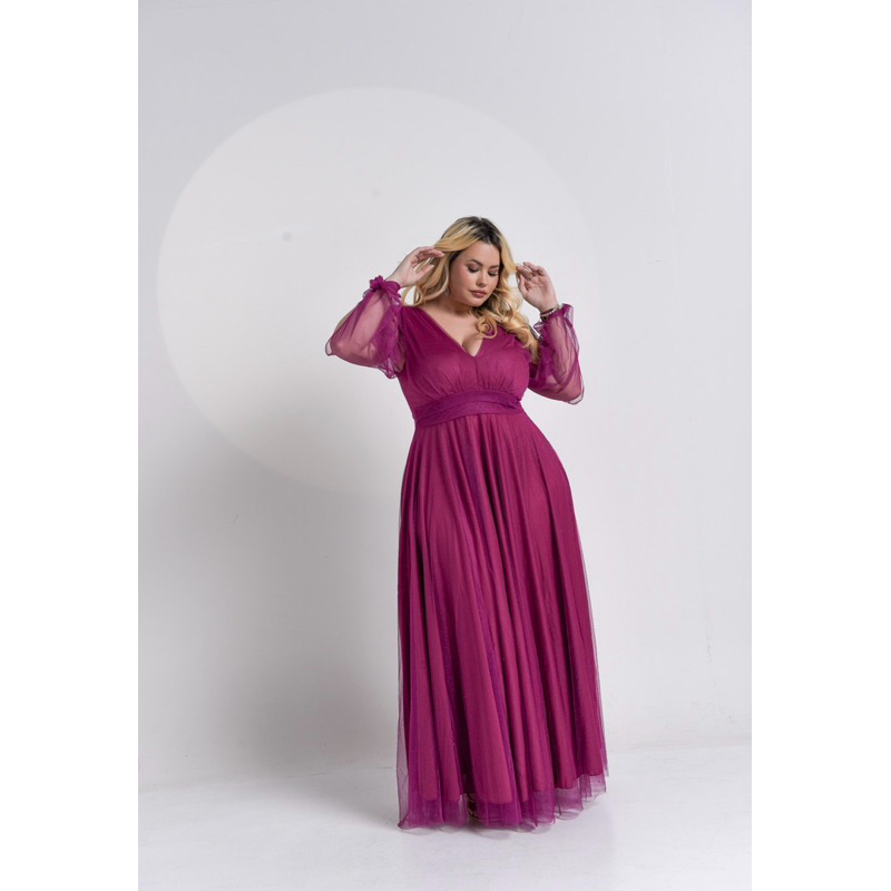 Vestido Rebecca Plus Size manga longa todo em tule Brilhoso tendência, todo elegante para Madrinhas de casamento