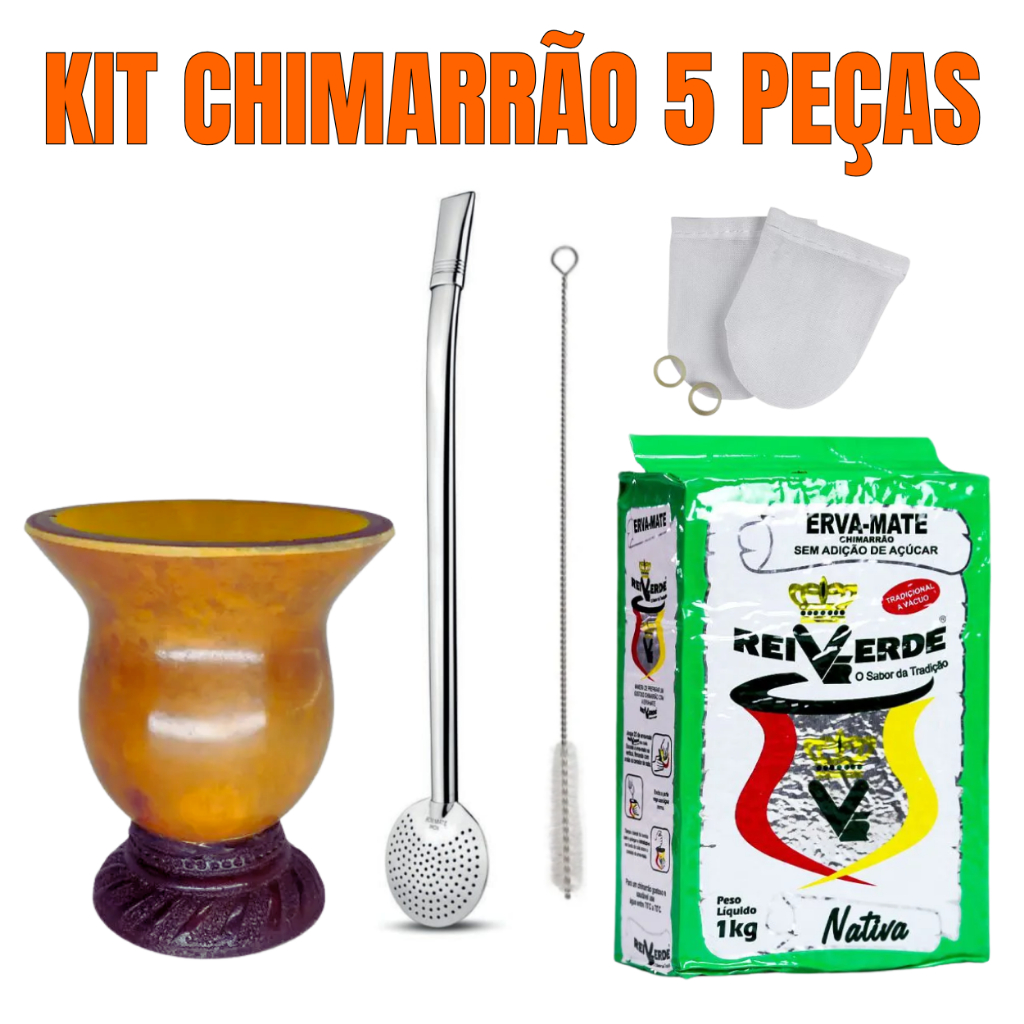 Kit 5 Peças Chimarrão Cuia Porongo Bomba Inox Erva Mate e Filtro