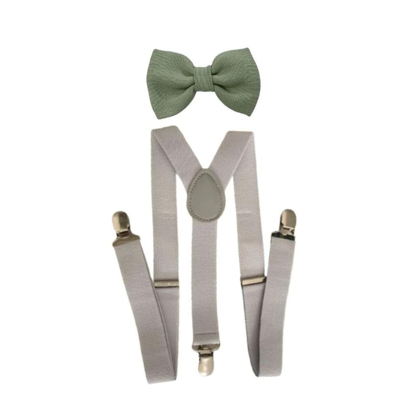 16 Kits Suspensório Cinza Claro e Gravata Borboleta Verde Oliva Premium Adulto