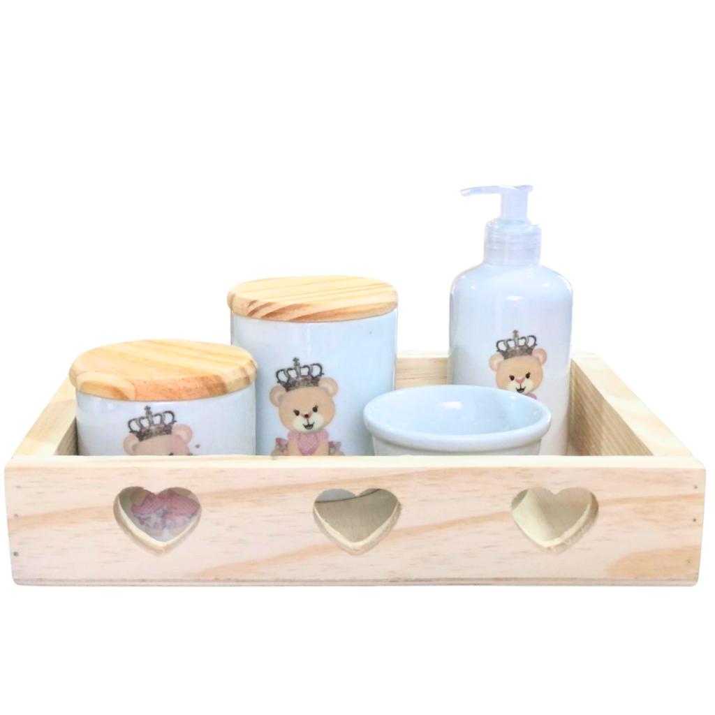 Kit higiene bebê Princesa Ursinha Realeza 5 peças -Bandeja, potes, porta álcool e molhadeira - Peças Porcelana Bandeja