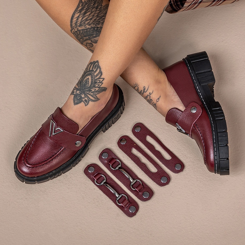 Kit Mocassim Feminino Couro Legítimo Vittal Calce Fácil + 3 Fivelas Removíveis