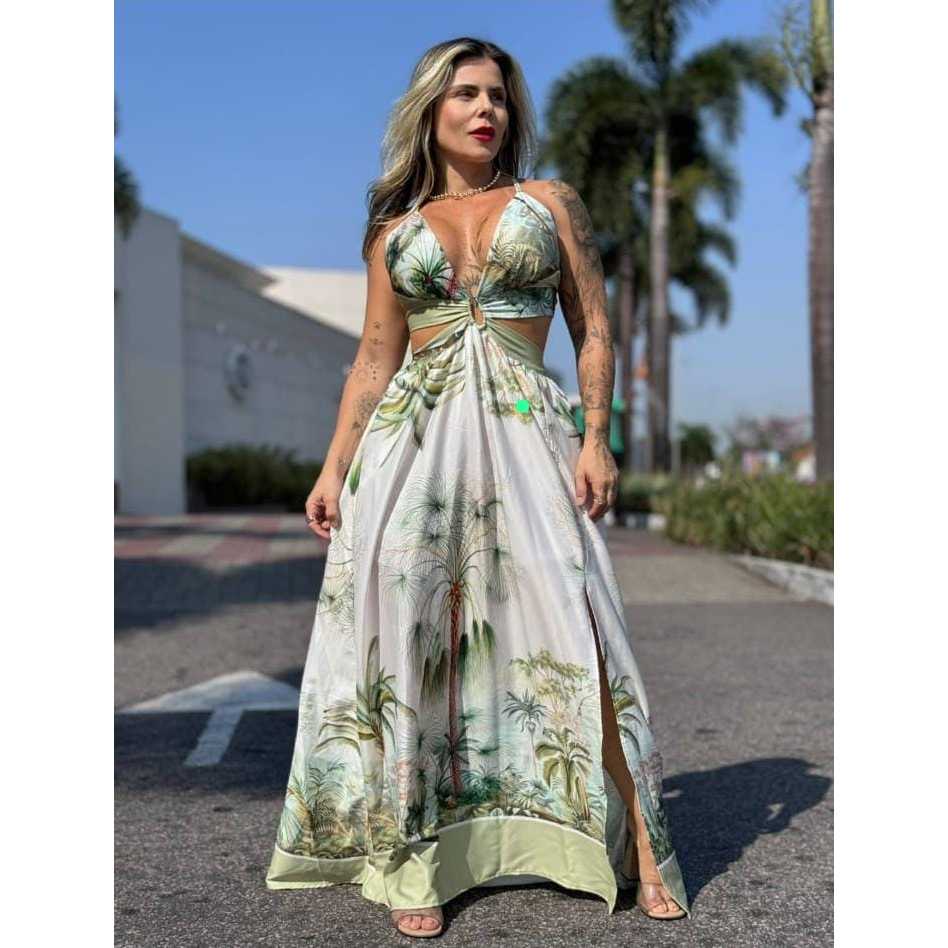 Vestido Longo Feminino Festa com Bojo e Decote| Recortes Laterais | Elegante e Sensual | Tecido Santorine Estampado