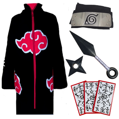 Manto Akatsuki + Bandana Vila da Folha ou Renegada + Kunai + Shuriken Naruto + Carta Bomba