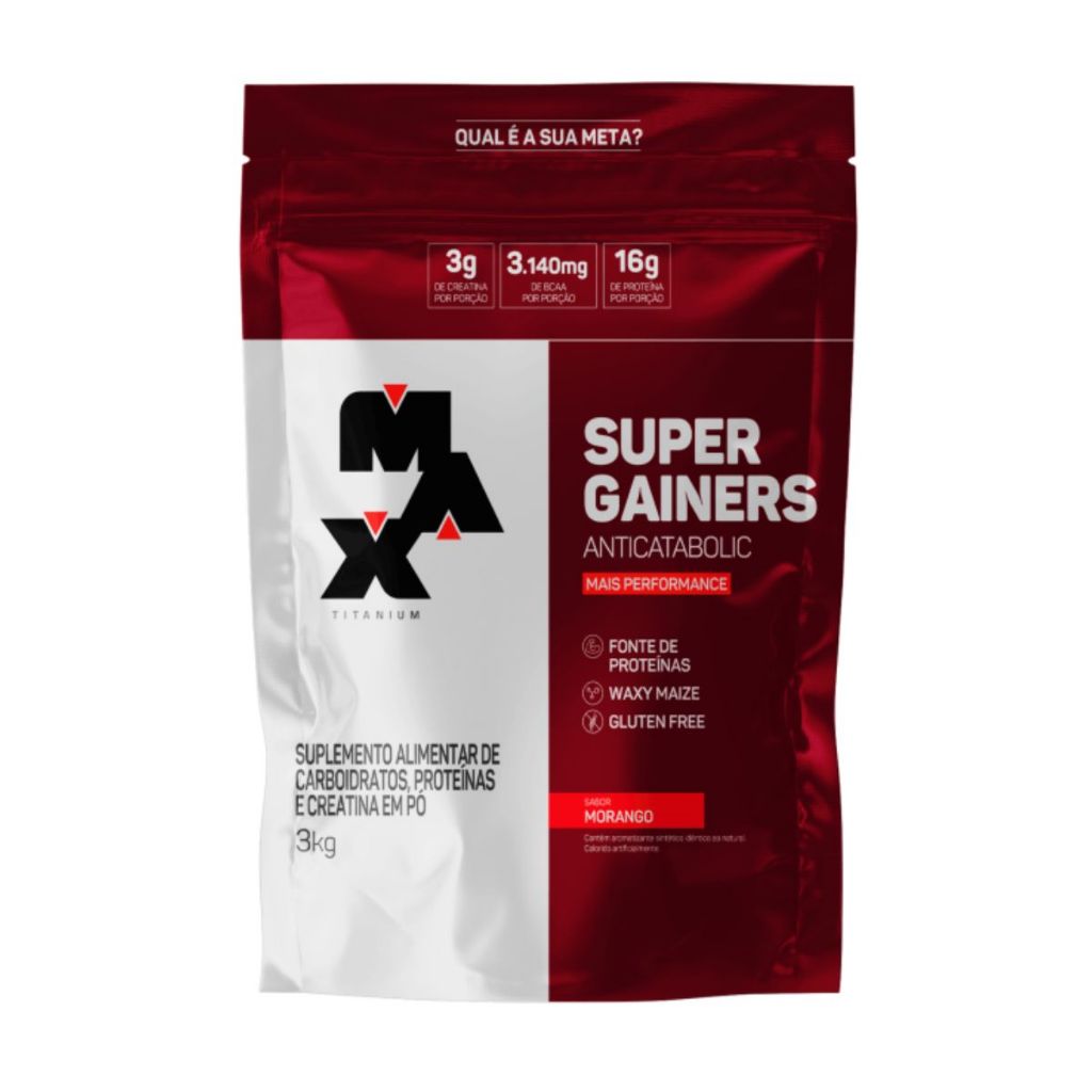 Super Gainers Max Titanium Morango Refil 3kg em Oferta na Shopee