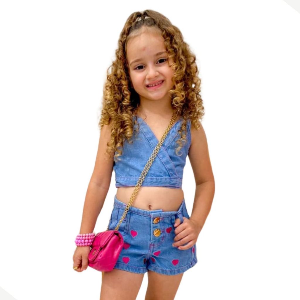 Conjunto Top e Short Jeans Menina Infantil Criança Presente Aniversário Festa Passeio Férias Verão