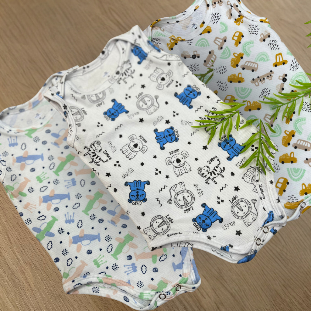 Kit 3 Body Infantil Sem Manga Regata Bebê Verão Leve Macio Confortável Tecido Premium Liso e Estampa