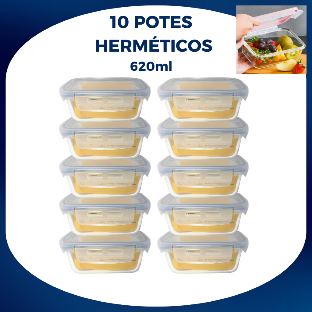 Kit com 3 , 5 ou 10 Potes Herméticos de Vidro 620ml Pote De Vidro Marmita Tampa Com 4 Travas
