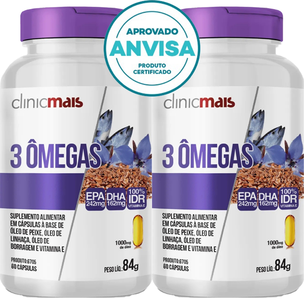 KIT 2x MIX 3 Ômegas - Óleo De LInhaça + Óleo De Borragem + Ômega 3 ( Óleo De Peixe ) - 60 Cápsulas 1000mg - Clinicmais